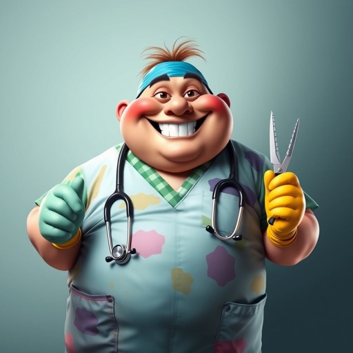 create a fat doctor. Who is funny human looking from head to toe. And he always immediately results to surgery for anything even small things. So please be sure to show his whole outfit head to toe. Make him have 1 tooth