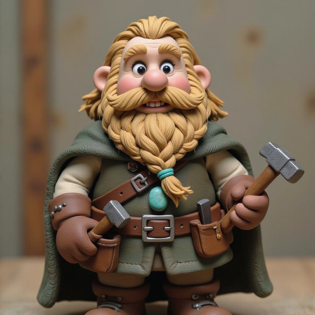 Create a stocky dwarf with a weathered face, braided beard tucked into his belt, and straw-tousled hair. Wears a soot-stained cloak over a leather smith’s vest, tool belt with hammer and chisels, heavy boots. Subtle turquoise rune glow from a pebble at his neck,