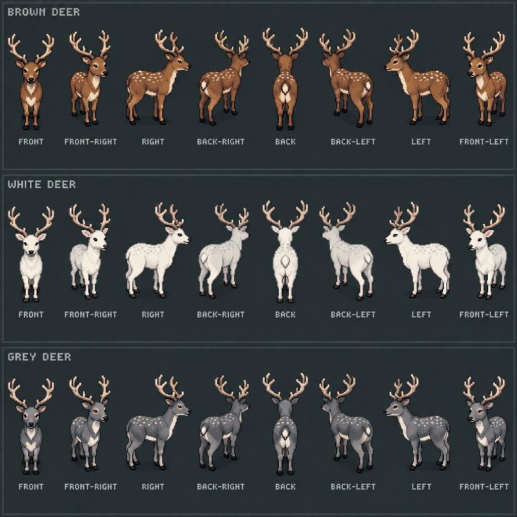 Animal deer for a fantasy game set in modern times, top-down style, 360, different colors