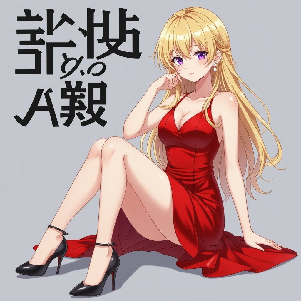She has blonde hair and purple eyes and a red dress and black high heels and pearl earrings 