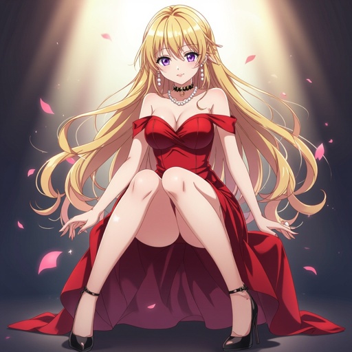 She has blonde hair and purple eyes and a red dress and black high heels and pearl earrings 