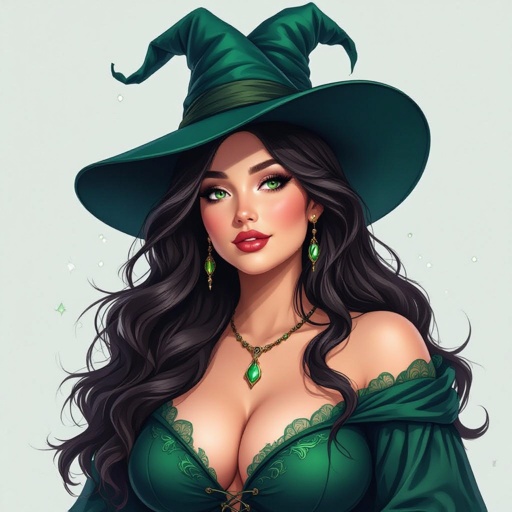 A curvey plus size witch with long hair and a witch dark green or blue hat that matches with her dress