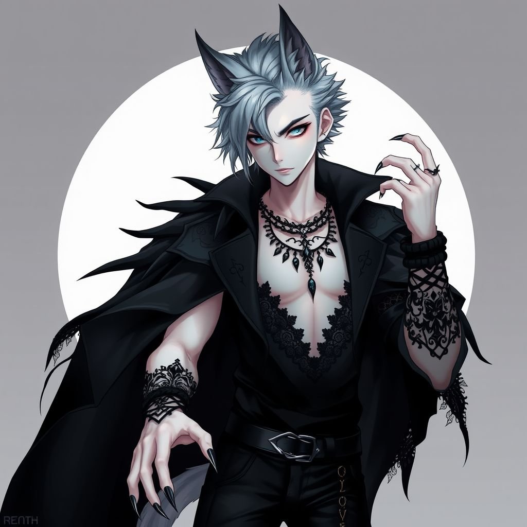 Create in anime style, a teenage adult male human who is gothic and has pale skin and is wearing black attire and has werewolf features including werewolf’s ears and werewolf’s claws and a werewolf’s tail. 