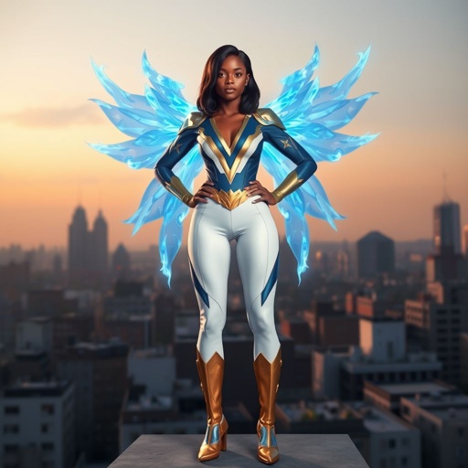 A young African American female superhero with shoulder length hair in a side part style wearing a blue and white suit made of spandex like material that’s slightly armored with gold accents with white pants and gold boots with a stylized V as her chest emblem with wings made of blue fire standing on a roof in a Philadelphia at dawn