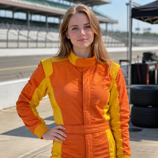 A white girl in an orange and yellow racing uniform with no sponsors