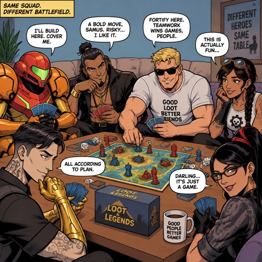 Samus Aran casual clothes, Accurate Kado Thorne from Fortnite pale skin and white hair no facial hair, Jones from Fortnite stubble sunglasses casual clothes, Jules from Fortnite casual clothes, Midas from Fortnite casual clothes, Bayonetta from super smash bros casual clothes, all playing board game 
