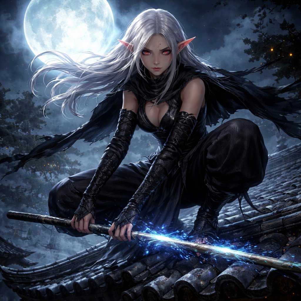 White hair, red eyes, wearing ragged black clothing with a tight torso and baggy bottoms, crouched on a Japanese rooftop in the 1600s, with a bo staff