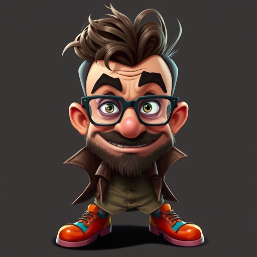 Create a character who is a goofy looking detective, who is confident. But funny looking and grouchy . With cool shoes on.
