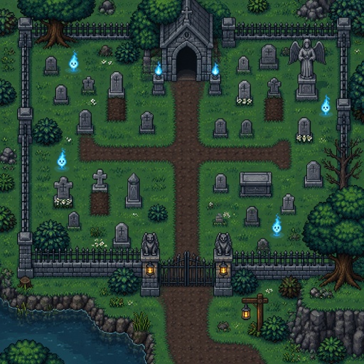 Graveyard for a modern fantasy game, exterior, top down style