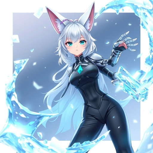(Genshin Impact based) A pale teenage girl with a Cryo Vision wearing a royal black top and trousers with hair and small fox ears as white as snow with emerald eyes and conducting ice. She also has an ancient robotic right arm