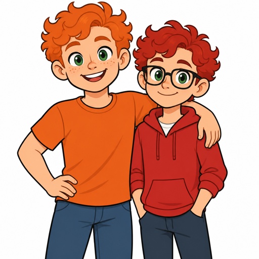 Twin brothers kids,orange and red curly hair,green eyes,light skin,one brother is taller and stronger with freckles, the other brother is thinner,no freckles,wears glasses,both smiling 