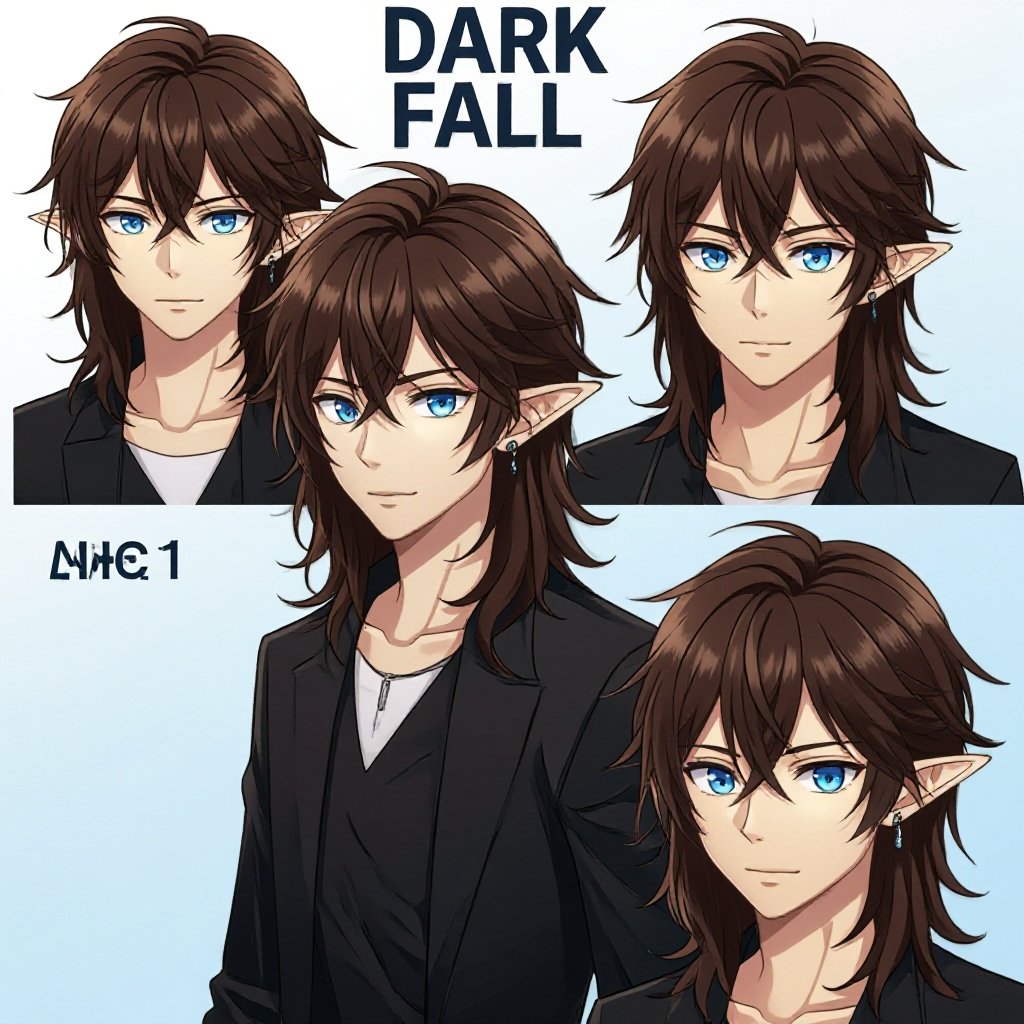 A male character, maybe OC that's based on the BL Manhwa "Dark Fall" with long but slightly wavy hair with bangs that covers his right eye, light brown skin, and light cornflower blue eyes that almost look like they're Leon's beautiful violet eyes. He'll be wearing anything that's black and modern styled since Dark Fall is a fantasy and supernatural Manhwa, but somewhat modern. Don't forget to add elf ears because the characters in Dark Fall have these small elf ears and I think he should have them too since he's one of them as well.