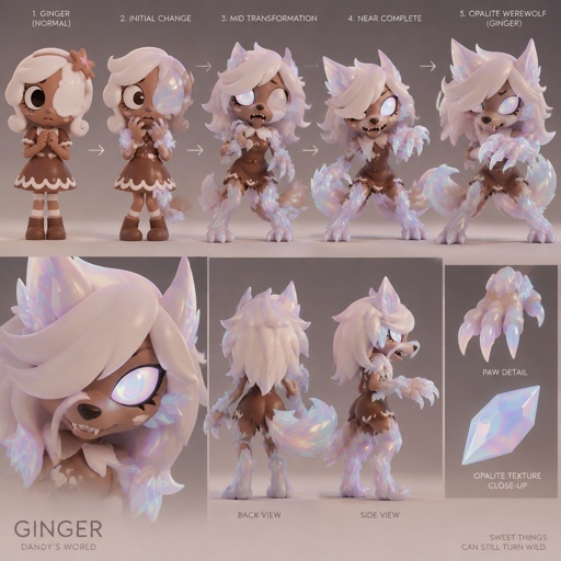 Ginger from dandy’s world turning into a opalite werewolf 