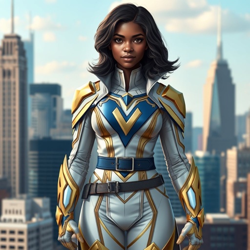 A teenage African American female superhero with slightly curly hair in a shoulder length side part style wearing a slightly medieval white and Gold suit with blue accents and a stylized V as her chest emblem a utility belt and gold boots standing in Philadelphia