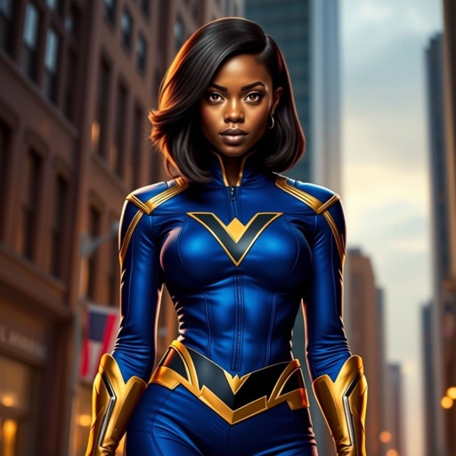 African American female superhero with hair  in a shoulder length side part hairstyle with pure Gold Glowing eyes wearing  slightly armored a  royal blue and gold accented suit with royal blue pants and gold knee length boots with a V with the top half gold and the bottom half black as her chest emblem in Philadelphia 