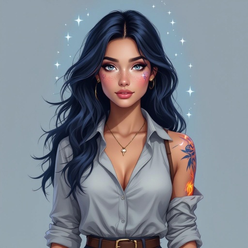 Hair:Dark Blue into Black waist length Facial features: star freckles, eye brow scar on right side( closest to the nose), crescent moon birthmark behind the left ear - close to the lobe Eyes: Grey Body Type: Hourglass Height: 4’8 Preferred outfit: Long Sleeve Shirt and Pants Other: • Scars on arms, back, and legs • Burn marks on back and arms • Draco Constellation on right shoulderblade