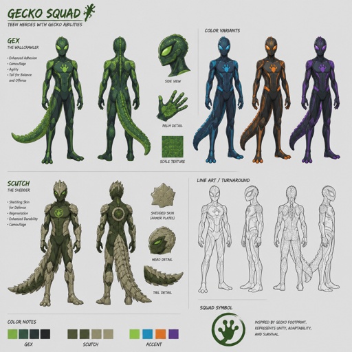 Male superhero with a suit that has gecko abilities, teenager, cool costume, full mask, multiple of the same character 