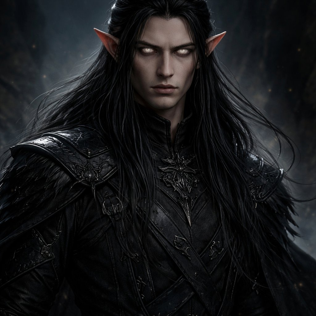 Black cloth, half Long black hair half up in a platt, elf ears, empty eyes, Male