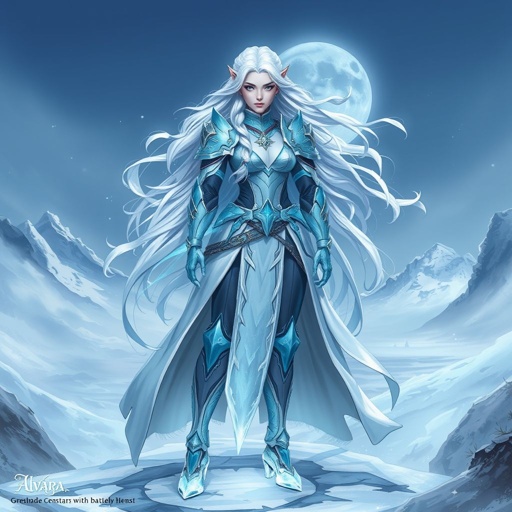 Create a battle woman hero called Alvara the Frostheart. Show full body head to toe including shoes