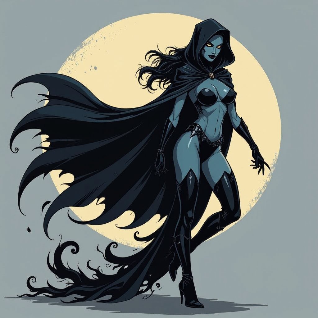 sexy shadow demon witch slate grey skin large black billowing cloak that emits darkness and shadow