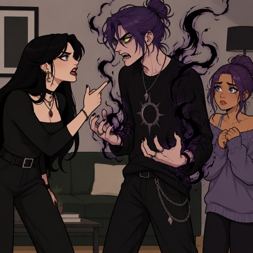 Three siblings, Female name Liz, oldest, tale, pale, beautiful, mysterious, black hair long curtain bangs style, bright blue eyes eyeliner liner, dark eye shadow,red lips, wearing jewelry, Anime style, Agent Ward male, middle child, made to be a weapon, highly skilled, emergency backup case he gets out of control, hair violet messy bun, clean shaven, night vision eyes no goggles, sharp teeth, dark power, tall, intimidating, he's used as an emergence backup weapon, Female Ann, youngest sibling, medium hight pale, tan, blue eyes, vivid purple dim hair in a messy bun her front hair is swooped down in her right side, all in the living room Liz and ward are angrily arguing wards power starts get a little out of control,Ann looking a little concerned 