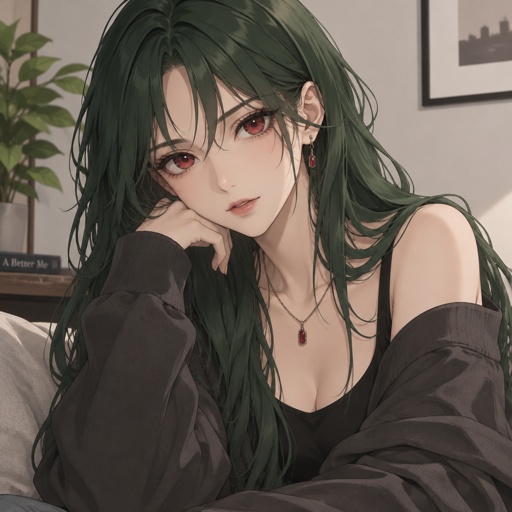 Woman with long pine green hair, ruby red eyes, casual clothes, beautiful 