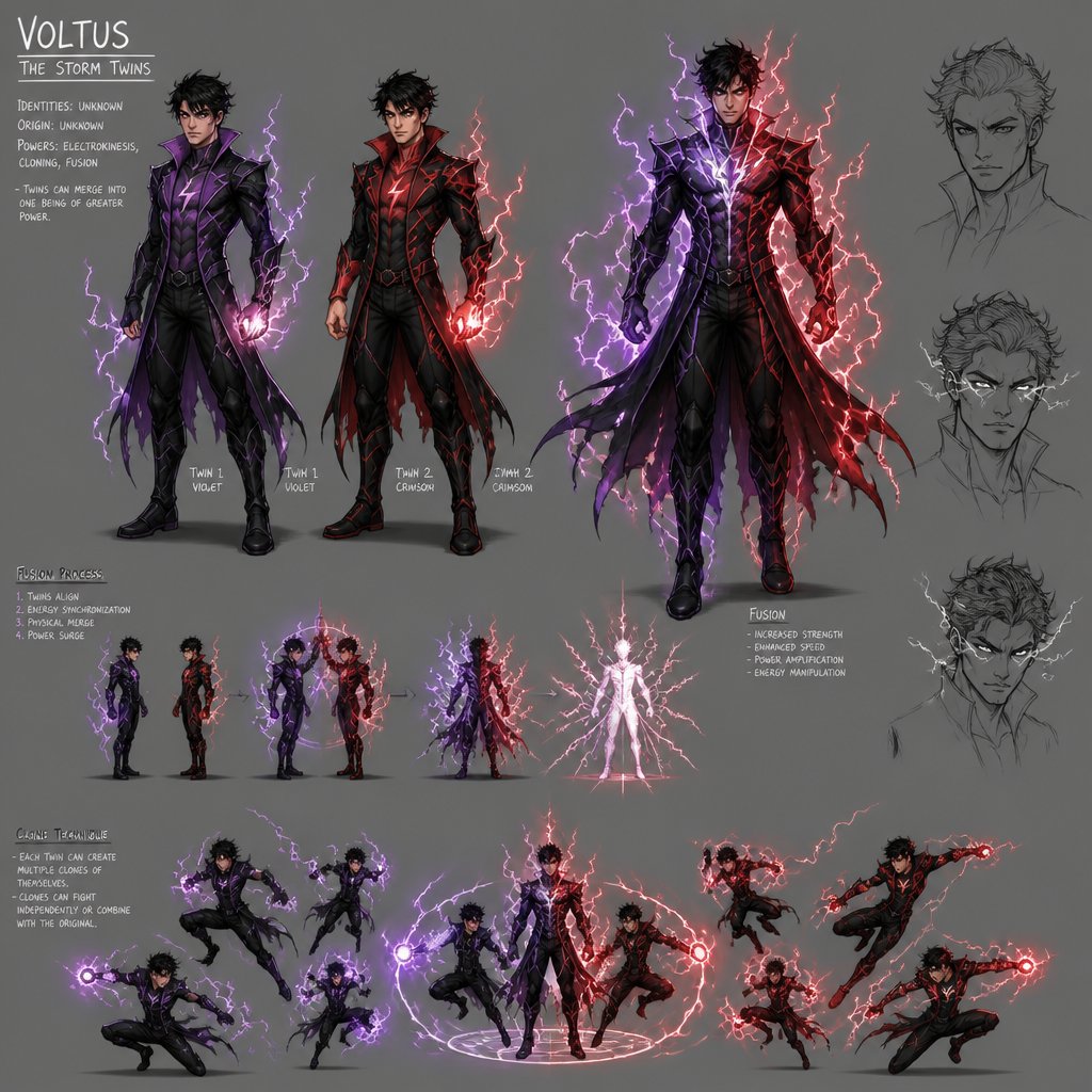 Male superhero twins with lightning powers, cool costume, one has purple the other has red, they can morph into one body, black hair,multiple of the same character