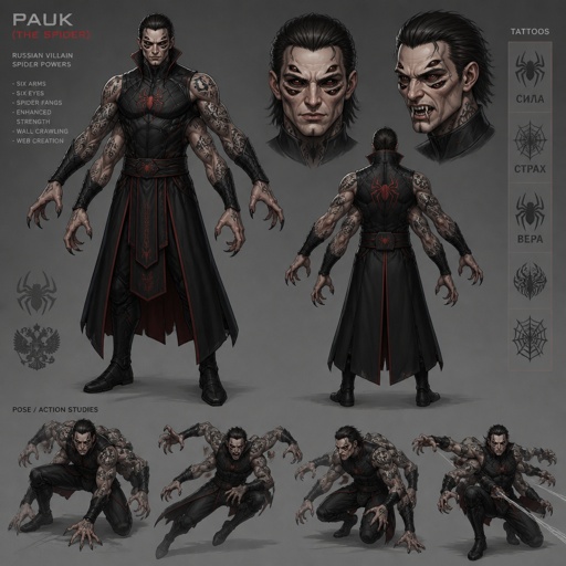 Male Villian with spider powers, cool costume, six arms, six eyes, spider fangs, Russian, arm tattoos, cheekbones, multiple of the same character 
