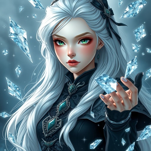 A pale teenage girl. Hair as white as snow with cyan tips, emerald eyes and small fox ears wearing mystic royal black top and trousers conducting ice (Russian themed)