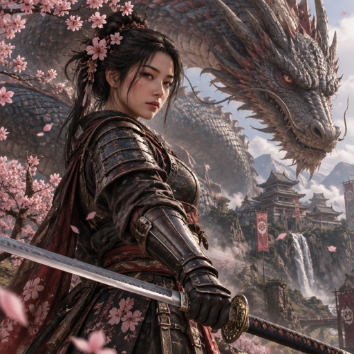 A gorgeous Asian Samurai named cherry blossom with real sexy samurai armor, a giant dragon in background 