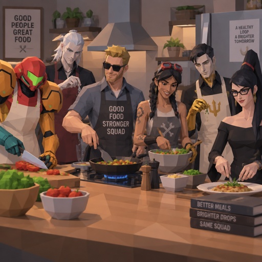 Samus Aran casual clothes, Accurate Kado Thorne from Fortnite pale skin and white hair no facial hair, Jones from Fortnite stubble sunglasses casual clothes, Jules from Fortnite casual clothes, Midas from Fortnite casual clothes, Bayonetta from super smash bros casual clothes, all cooking