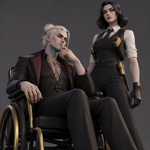 Kado Thorne from Fortnite medium length white back hair bun pale skin, In a wheelchair, marigold from Fortnite intimidating him