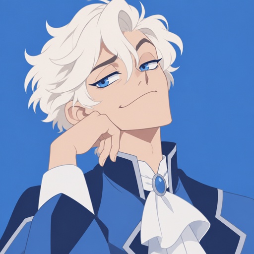 Male, fluffy white hair, big blue eyes, long smile, snobby, wears blue, whiny,