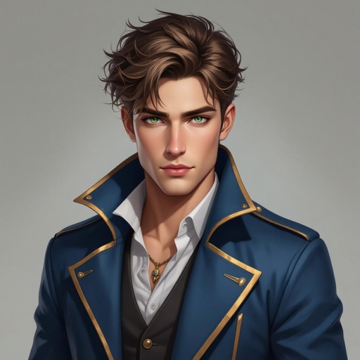 Male with Light brown hair with a streak of white in his hair with one green eye and one black eye. He wears a sleeveless blue long coat with a gold outline  