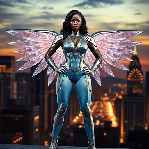 African American female superhero wearing a domino mask and a leather slightly armored light blue and silver suit with light blue pants and silver boots and a V as her chest emblem with crystal wings standing in Philadelphia at dusk