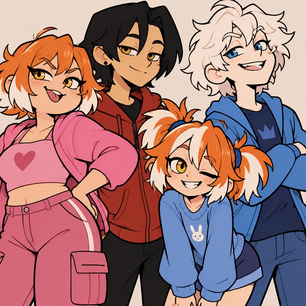 Female, teen, short orange hair white tips, slightly chubby, yellow eyes, wears pink, sassy, Male, smile, Asian, smile, neck length black hair, yellow eyes, eyeliner, wears red casual clothes, small mouth, Male, irritated, fluffy white hair, big blue eyes, long smile, snobby, wears blue, Female, smile, yellow eyes, orange and white messy pigtails, short, wears blue, one droopy eyelid