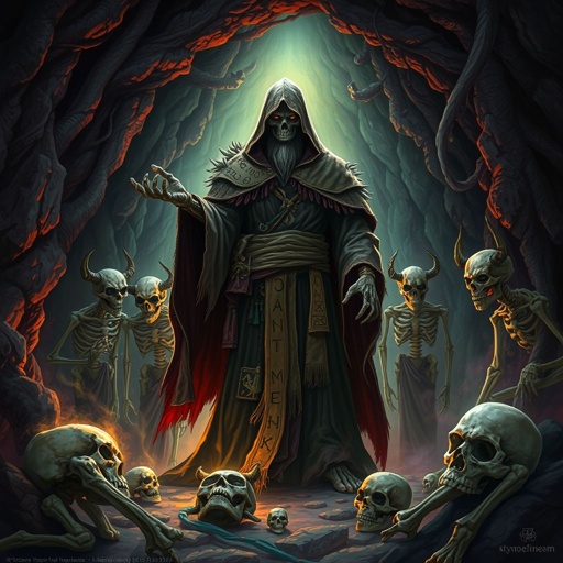 Bones and skulls laying on the floor of a cave of death