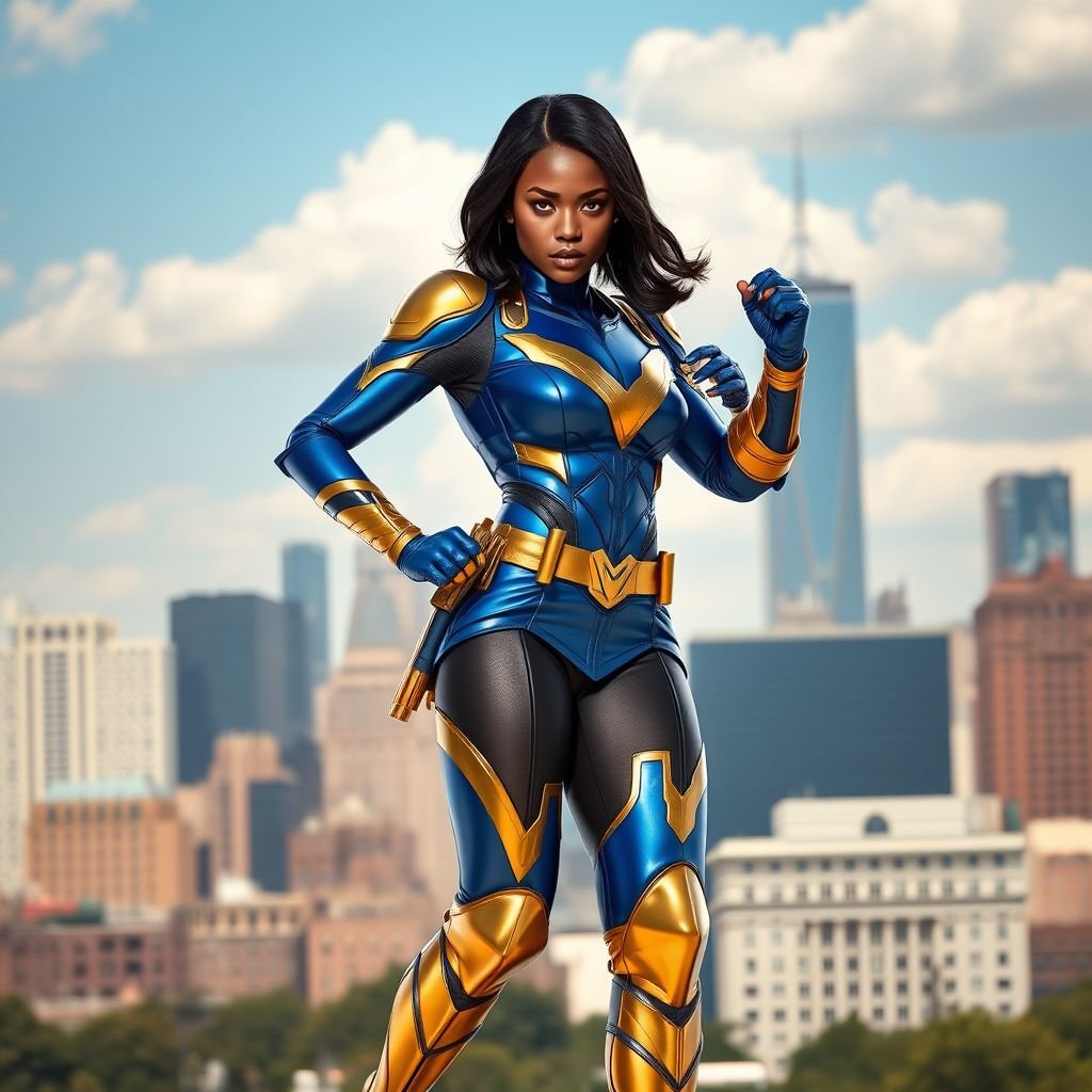 African American female superhero with hair in a shoulder length side part hairstyle with pure Gold Glowing eyes wearing slightly armored royal blue white and gold accented suit with royal blue pants and gold knee length boots with a utility belt with a gold V as her chest emblem in Philadelphia
