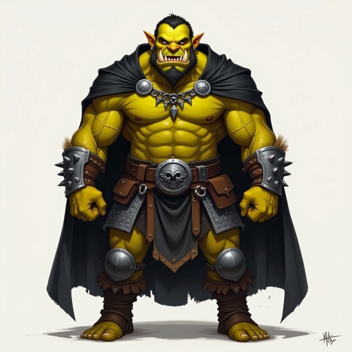An half ogre with mustard yellow skin, quite muscular, with sharp protruding teeth, a black cape and a heavy chain mail armor.