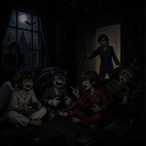 Super smash brothers link from legend of Zelda, pit from kid Icarus, and sonic the hedgehog as a human, Marth from fire emblem, Roy from fire emblem, Roy pit and human sonic all in pjs playing a video game in the living room on the floor laughing and being loud in the middle of the night, link past out snoring, and Marth coming into the living room wearing pjs yelling at them saying "it's 4 o'clock in the morning go to bed!" Then Roy says back to Marth " come on Marth it's a sleep over we're just in joying it as much as possible, put headphones on if it's that bad" Marth looks at Roy with a very angry face, there is dark link peaking through the window and a shadow of rouge the bat from sonic flying far off in the background