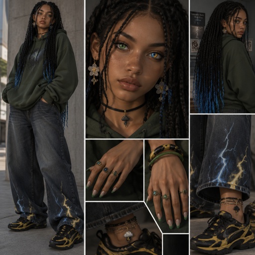 Female, 16, 5’11 foot tall, long black stitch braids with blue tips that look like lightning, one earthy green eye, one eye blue and an electric yellow (looks like lightning), drop down flower earrings, a thin black choker with a drop down miniature storm, oversized green hoodie, one earthy green bangle on one had, one black with yellow marble pattern bangle on the other hand, a ring on all fingers (except the ring) with different styles that are either greens or yellows or blues, medium almond nails with a green French tip, baggy jeans with painted lightning creeping up from the bottom, one anklet with a drop down storm (goes fully around, on the left ankle, black with marbled yellow running shoes 