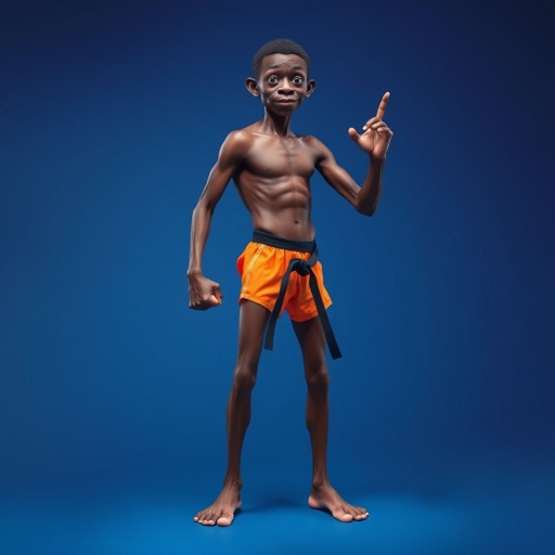 Create a character who looks like a funny African karate guy who doesn’t have a clue what he is doing. Make him have weird toes, only speedos on and a black karate belt. Make him tall skinny and slinky.