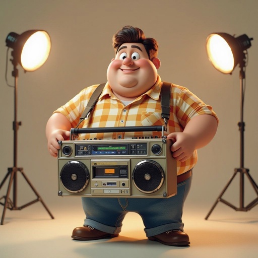 Create a funny fat guy who has a boom box radio , make it Toy Story graphics  