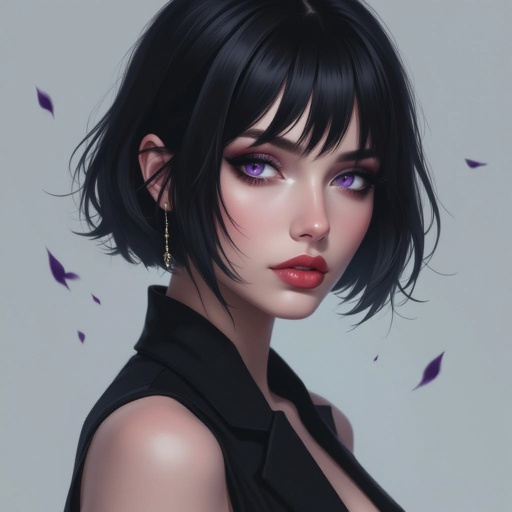 Create mysterious woman jet-black hair is cut sharp to her jawline, and her violet eyes seem to pierce through darkness. A shadowy aura clings to her form, faint shapes shifting and flickering behind her like whispers of another realm.