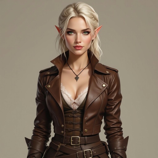 🎨 Ffionna Baelyn — Integrated Lace Underdress Variant  Semi-realistic fantasy portrait of Ffionna Baelyn, a female High Elf rogue assassin with an athletic, slender build. She has a short blonde pixie cut with layered texture and side-swept fringe, fair ivory skin with warm undertones, and bright green eyes with faint gold flecks. Her cropped brown leather jacket is cut at her chest with brass buckles and corset fastenings. Beneath her armor, she wears a fitted silver-white sheer lace underdress — thin, semi-transparent, and close to her body — visible at the neckline, sleeves, and lightly through the upper thighs beneath her leather layers. Her short black-brown leather skirt is solid and structured, with no lace on its surface, designed for movement and precision. The lace acts as a base layer, subtly glowing in soft light. She wears fingerless gloves and thigh-high strapped boots. Lighting is soft and cinematic with a neutral background, full-body to shins, following the 8-heads rule. 