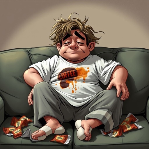 Create a character who is lazy as heck. And you could tell from his face and his entire outfit. Make is funny and the style of the graphic photographic 