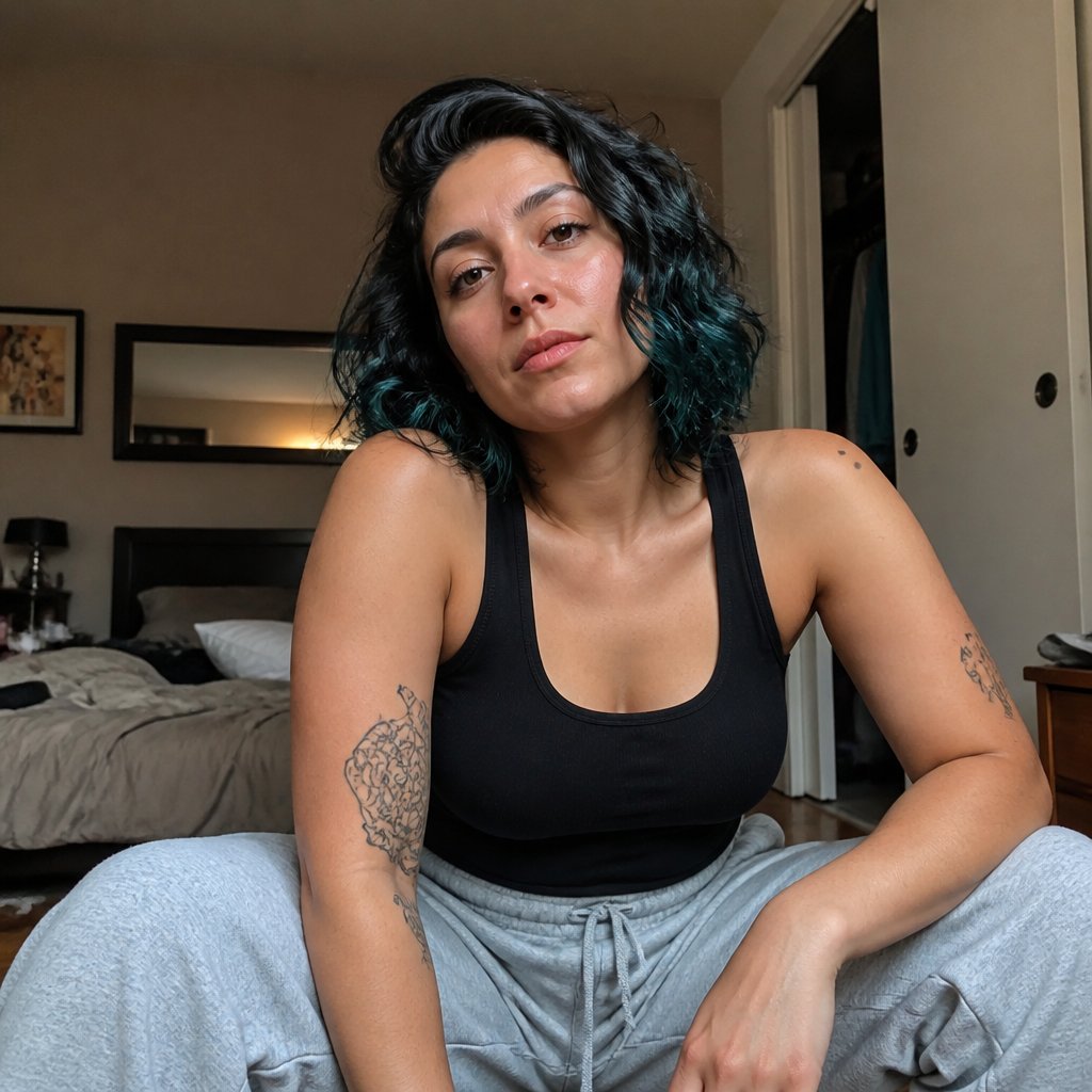 Adult girl with short black hair with teal tips wearing baggy sweatpants and a black tank top