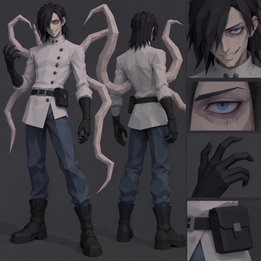 Male, black messy greasy hair, thin shoulder length hair in the back, long hair in the front covering one eye, blue eyes, eye bags, veins under eyes, pale tendrils coming out of back with veins, blue pants, boots, black rubber gloves, short scientist jacket buttoned up, belt with pouch, evil smile