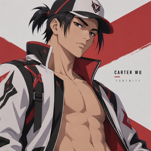 Carter wu from Fortnite, short ponytail , jacket with no shirt, cap, white black and red colors