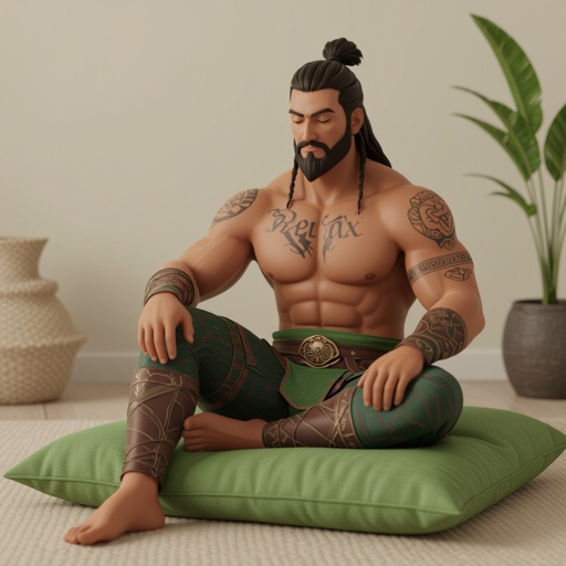 Resting warrior with a tattoo called relax, avatar , less muscle 